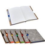 מחברת ממותגת A5 עם כריכה דמוי עור ותופסן לעט בצבעים שחור צהוב כתום כחול ירוק ואדום