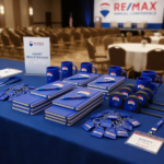 ערכות מתנות ממותגות לכנסי נדל״ן הכוללות פנקסים, עטים, מחזיקי מפתחות בצורת בית ומטרים לסוכני תיווך