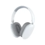 אוזניות Bluetooth מתקפלות ממותגות בצבעי לבן ואפור בהיר במבט צד