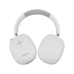 אוזניות Bluetooth מתקפלות ממותגות בצבע לבן במבט אחורי