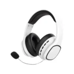 אוזניות קשת Bluetooth ממותגות עם מיקרופון בצבעי לבן ושחור במבט קדמי